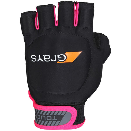 The Grays Touch Hockey Glove by Grays comes in Black/Pink and features a fingerless design, orange and white Grays logo, sturdy wrist strap with a gray touch panel, and is engineered for superior stick handling.