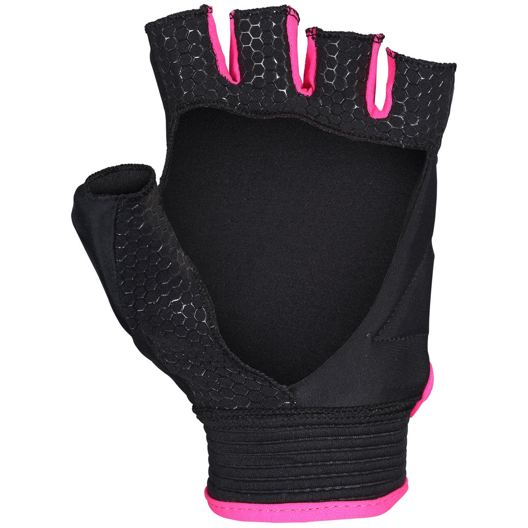 The Grays Touch Hockey Glove by Grays is a black fingerless sports glove with knuckle armour and pink trim, displayed palm-side up against a white background.