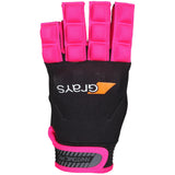 The Grays Anatomic Pro Hockey Glove features black and pink padding, exposed fingertips, moulded knuckle armour, and the Grays logo in white and orange on the back.