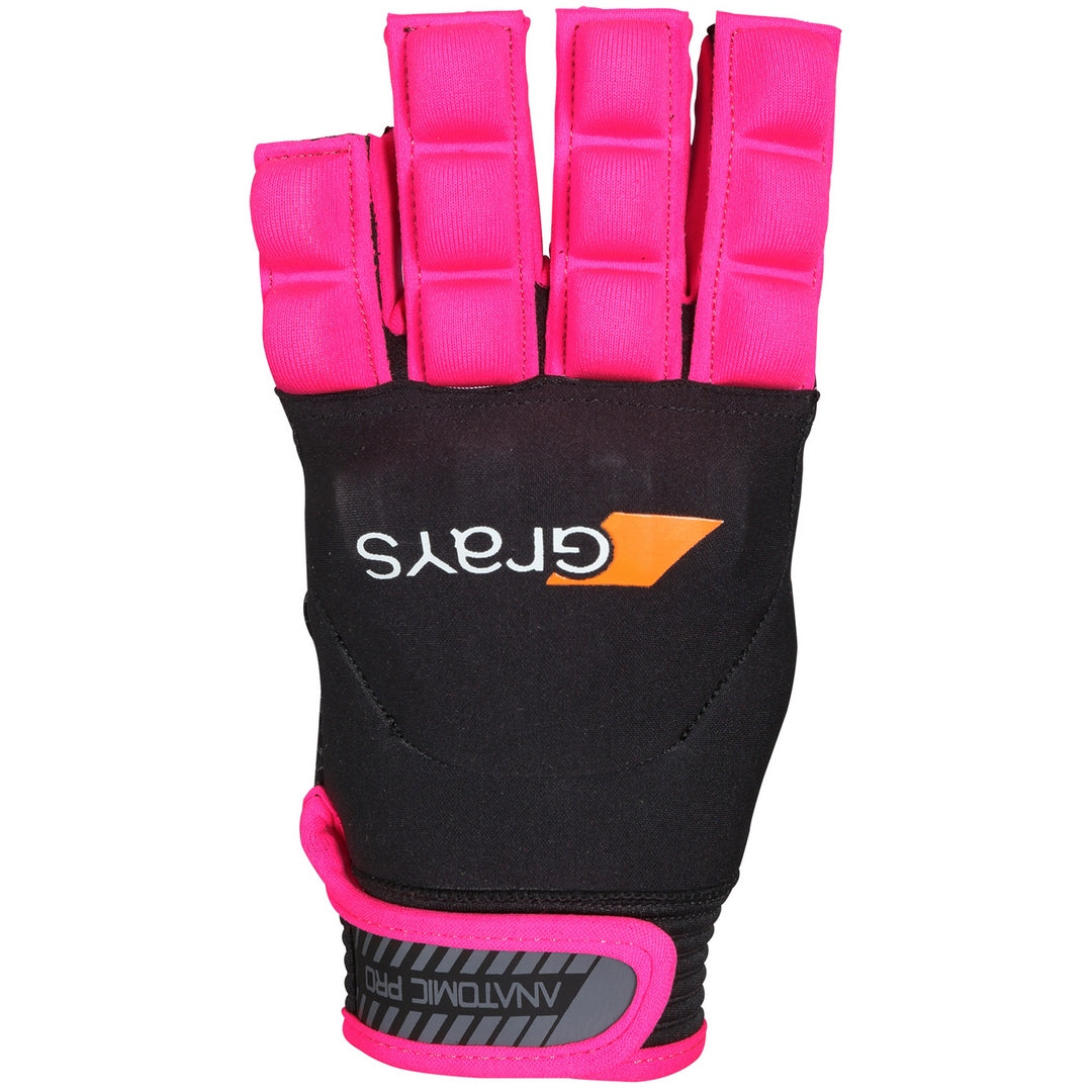 The Grays Anatomic Pro Hockey Glove features black and pink padding, exposed fingertips, moulded knuckle armour, and the Grays logo in white and orange on the back.