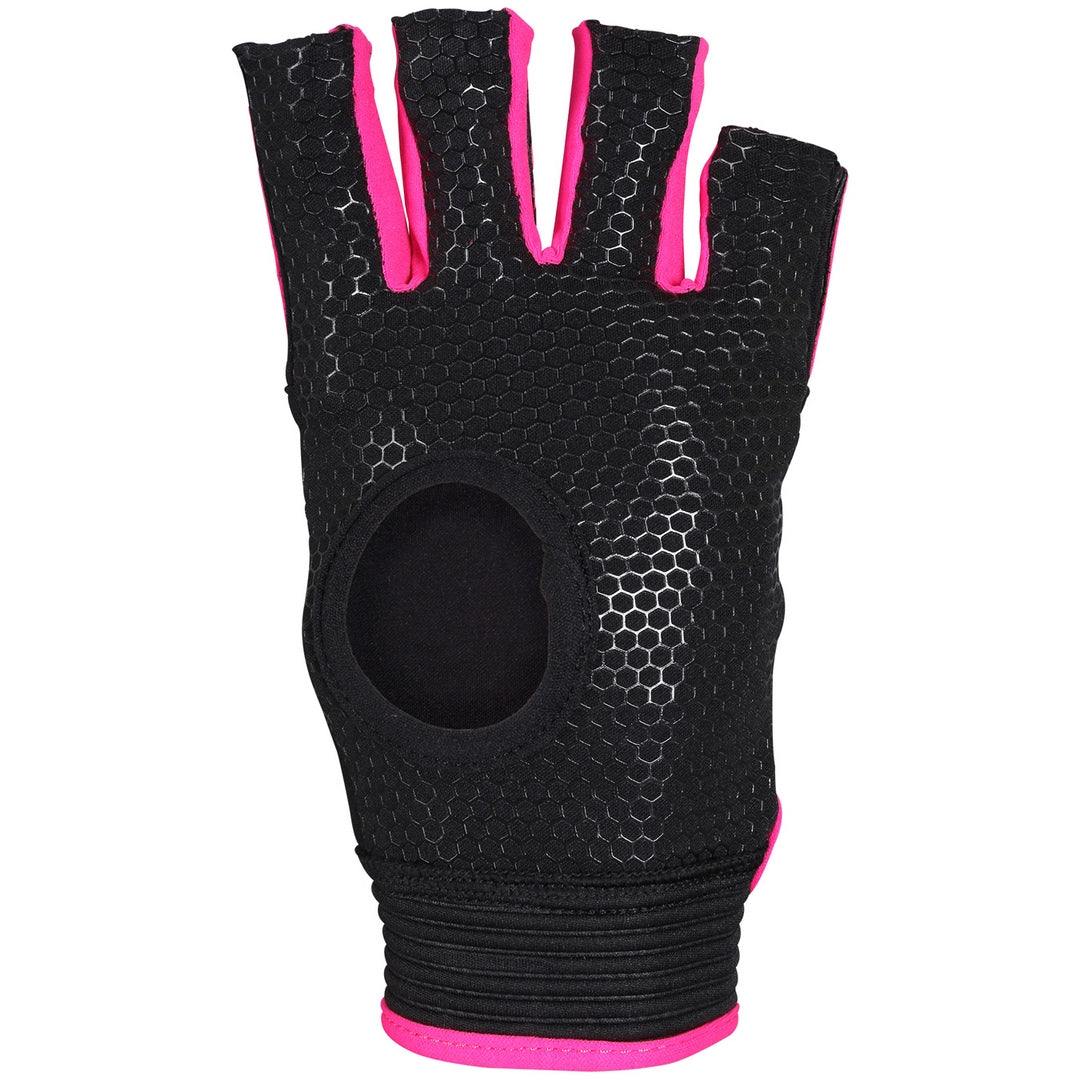 The Grays Anatomic Pro Hockey Glove by Grays is a black fingerless glove with a textured honeycomb pattern, bright pink trim, an open circle on the back, and moulded knuckle armour for protection.