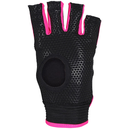The Grays Anatomic Pro Hockey Glove by Grays is a black fingerless glove with a textured honeycomb pattern, bright pink trim, an open circle on the back, and moulded knuckle armour for protection.
