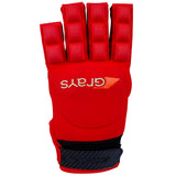 The Grays Anatomic Pro Hockey Glove is red, has segmented finger protection, moulded knuckle armour, a black adjustable strap, and "Grays" in white and orange on the back.