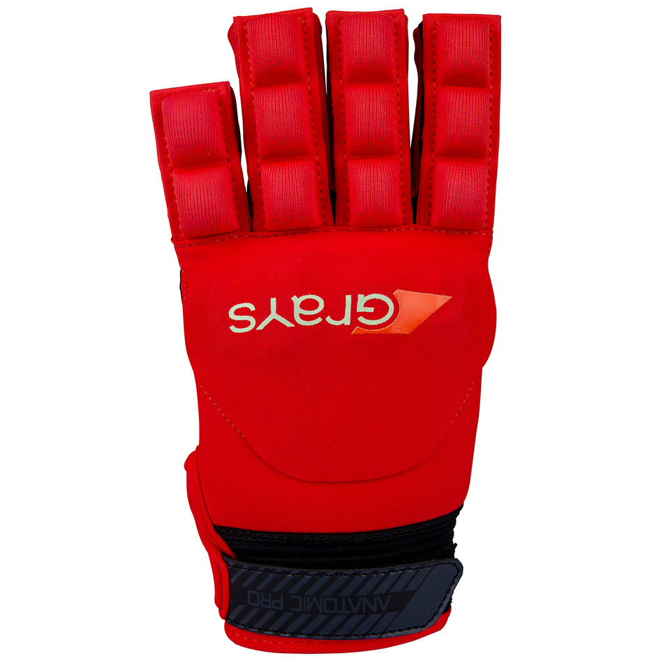 The Grays Anatomic Pro Hockey Glove is red, has segmented finger protection, moulded knuckle armour, a black adjustable strap, and "Grays" in white and orange on the back.