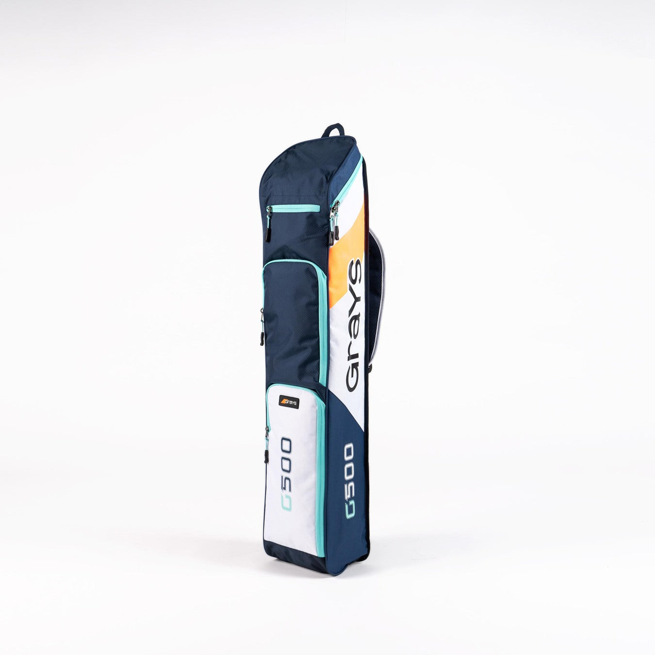The Grays G500 Kitbag stands vertically in navy, white, and light blue, features multiple zippered compartments, multi-pocket storage, water-repellent fabric, and sports the Grays logo along its side.