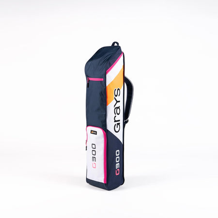 The Grays G300 Kitbag in navy, white, and pink with an orange stripe offers multi-pocket storage, a carry handle, zippered pockets, water-repellent fabric, and features Grays and G300 branding on the sides.
