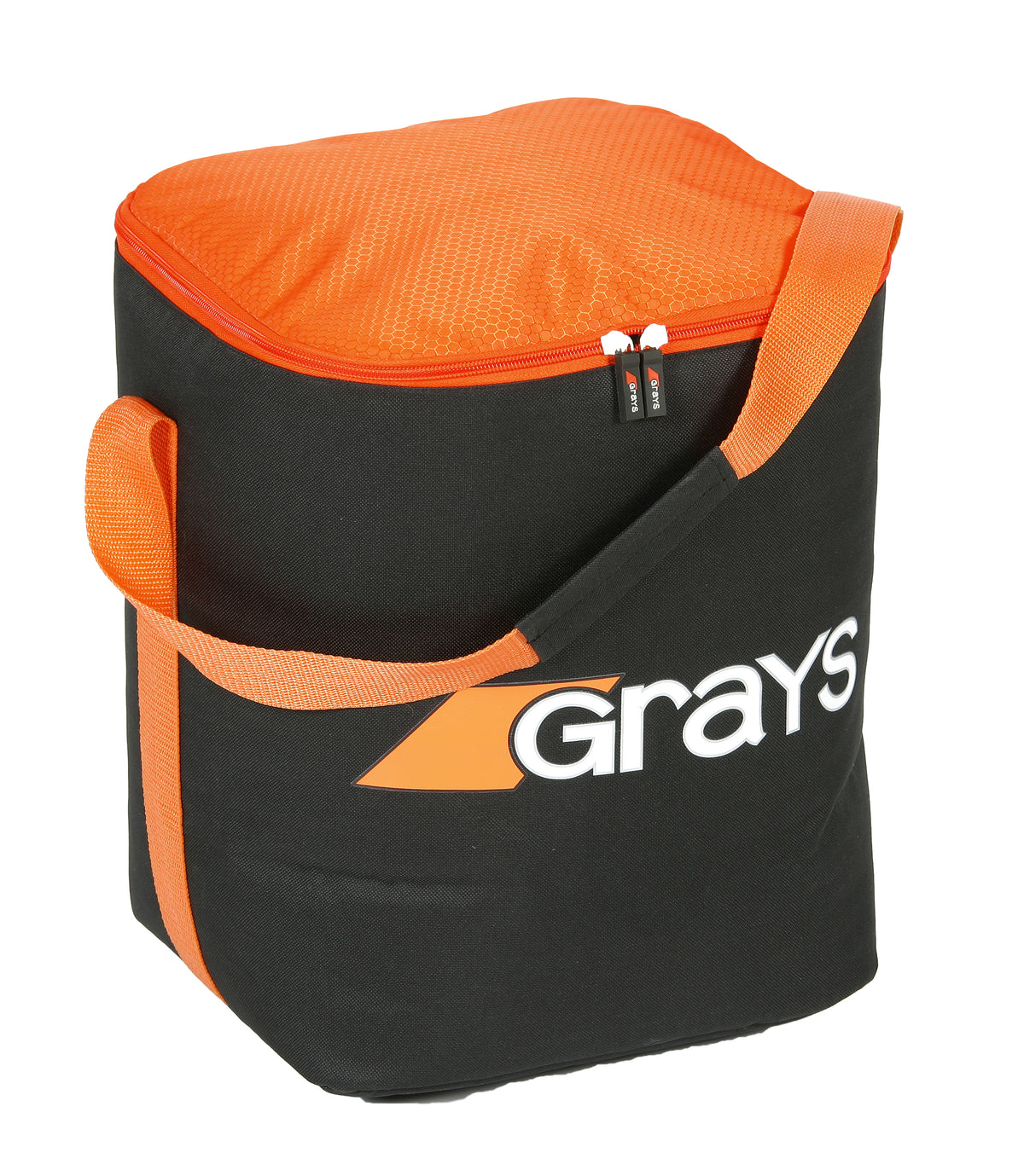 The Grays Hockey Ball Bag is a black and orange soft-sided cooler bag with a zipper top, carry handle, shoulder strap, and the Grays logo on the front—ideal for carrying hockey balls to games in style.