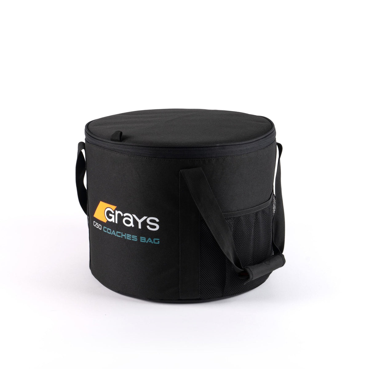 The Grays Deluxe Hockey Ball Carrier is a round, black sports bag with handles, internal dividers, and a mesh side pocket for dual-layer storage. Features the Grays logo in white, orange, and teal—perfect for hockey balls.