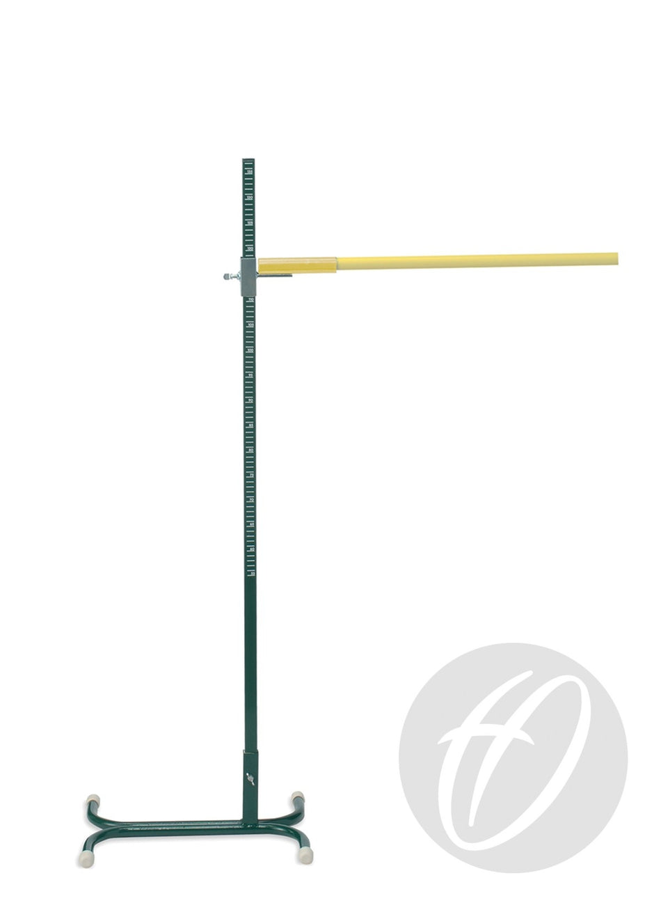 The Harrod Sport HJ2 - Junior Practice High Jump Stands are perfect for junior high jump training, featuring a vertical measuring pole and a horizontal yellow bar. The product is photographed on a white background with a subtle circular logo in the lower right corner.