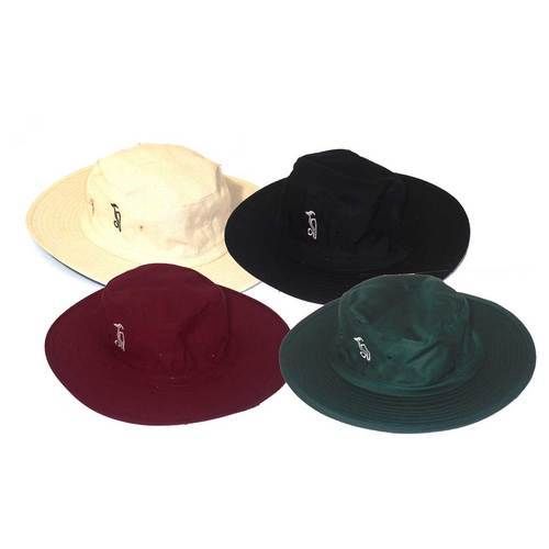 The Kookaburra Sun Hat in green is shown on a white background, featuring a wide brim and an embroidered front logo for sporty elegance.