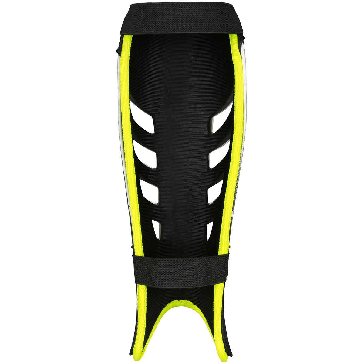 The Grays G800 Shinguard by Grays features a black/yellow lightweight polymer shell, cutout vents with hypervent airflow, two adjustable straps, and ergonomic padding for superior sports protection.