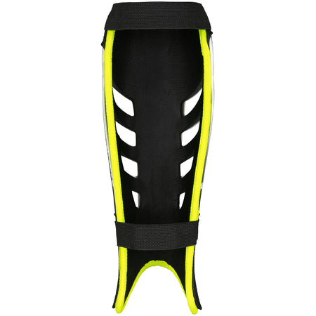 The Grays G800 Shinguard by Grays features a black/yellow lightweight polymer shell, cutout vents with hypervent airflow, two adjustable straps, and ergonomic padding for superior sports protection.