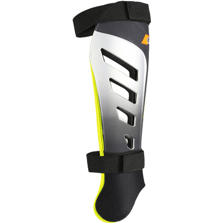 The Grays G800 Shinguard by Grays features a lightweight polymer shell in silver and black with yellow accents, ventilation slits, and two adjustable black straps for secure leg support.