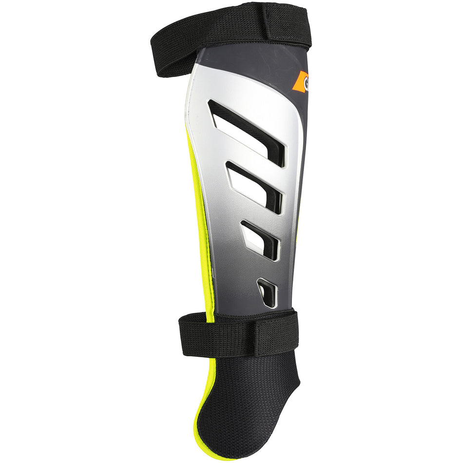 The Grays G800 Shinguard by Grays features a lightweight polymer shell in silver and black with yellow accents, ventilation slits, and two adjustable black straps for secure leg support.