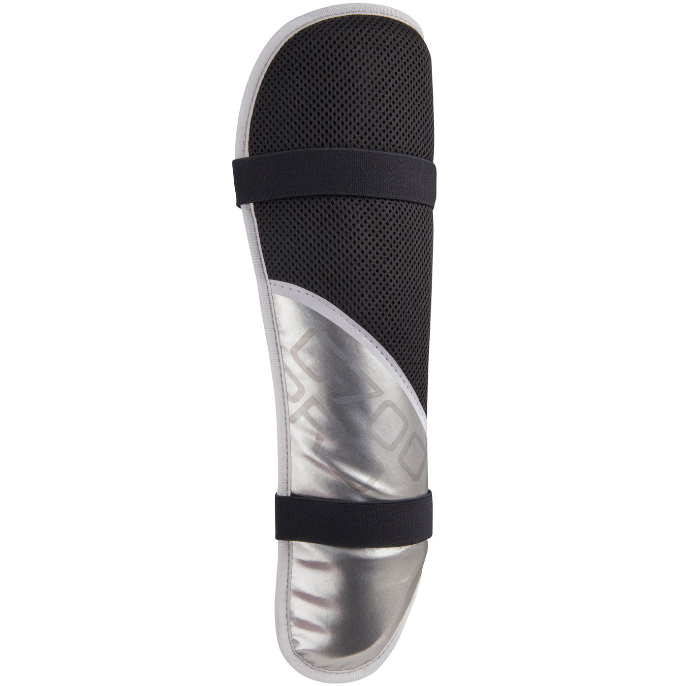 The Grays G700 Pro Shinguards by Grays feature a black and silver design with two black securing straps, mesh fabric on the upper part, and a sculpted hard shiny silver shell on the lower part.