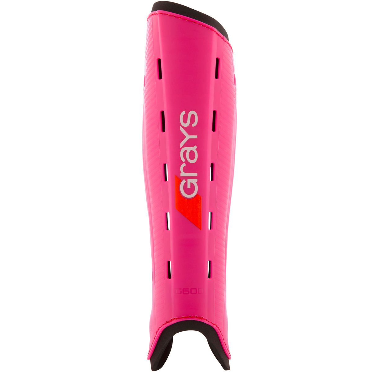 The Grays G600 Hockey Shinguard features a lightweight polymer shell, vertical ventilation slits, black trim, and the Grays logo on the front; color: pink/black.