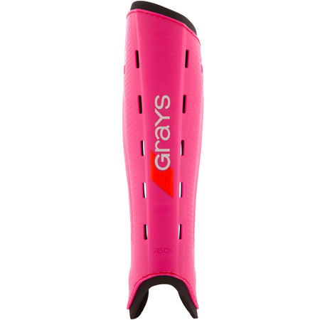 The Grays G600 Hockey Shinguard features a lightweight polymer shell, vertical ventilation slits, black trim, and the Grays logo on the front; color: pink/black.