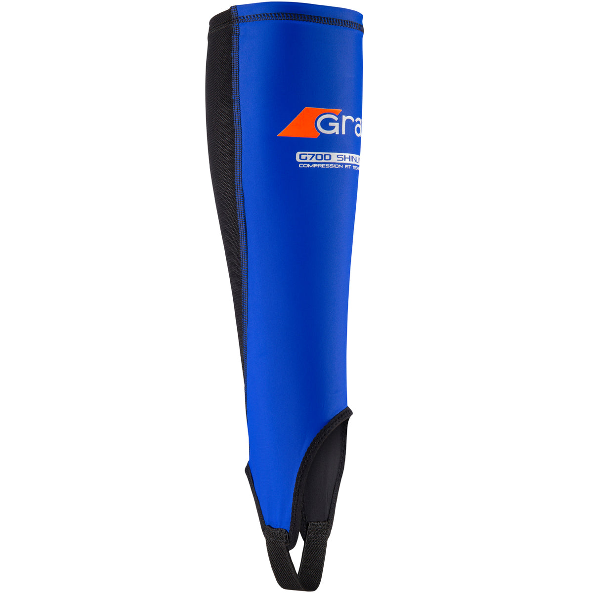 The Grays G700 Shinliner by Grays is a blue and black compression sock with a logo and text on the upper front, plus an ankle stirrup for secure foot placement.