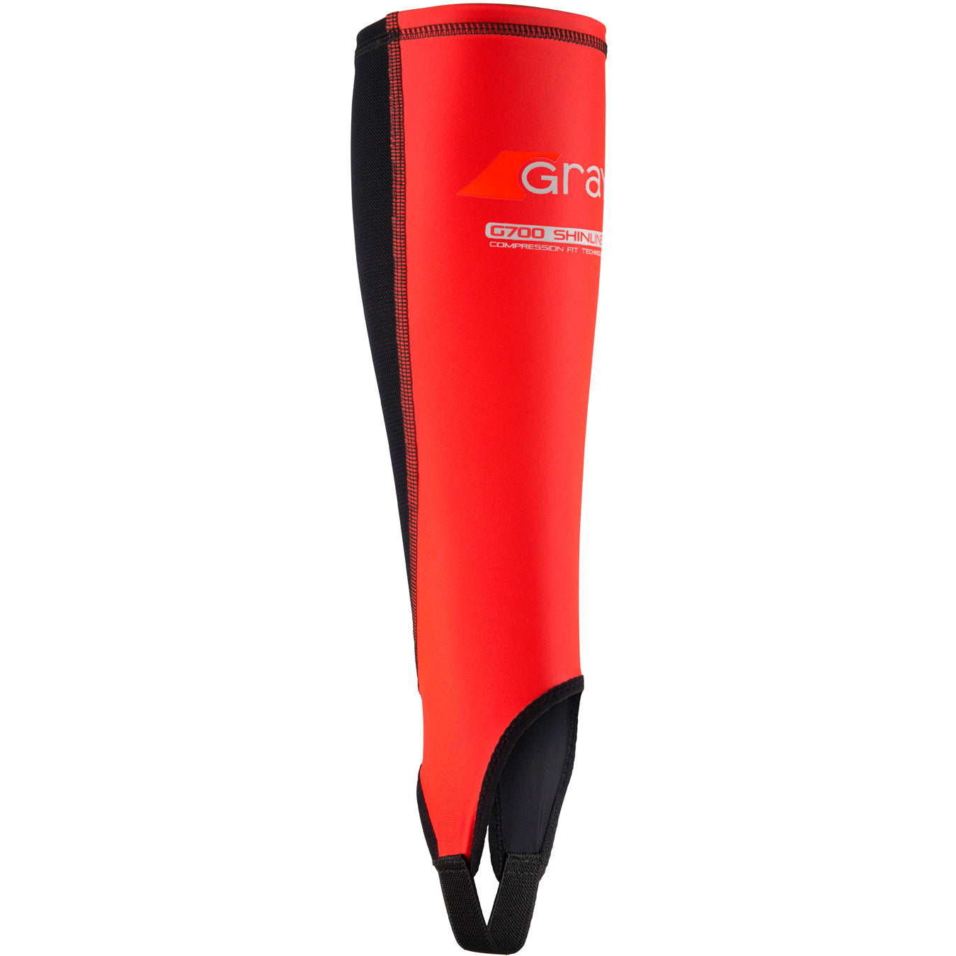 The Grays G700 Shinliner is a red and black shinguard with a bottom strap and "Grays G700 Shinliner" printed on top, designed to protect your lower leg during sports. Pair it with a compression sock for extra comfort.