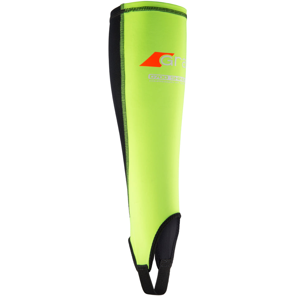 A bright yellow-green Grays G700 Shinliner calf sleeve with black trim, a black ankle stirrup strap, and Gra and GR20 text and logo on the side.