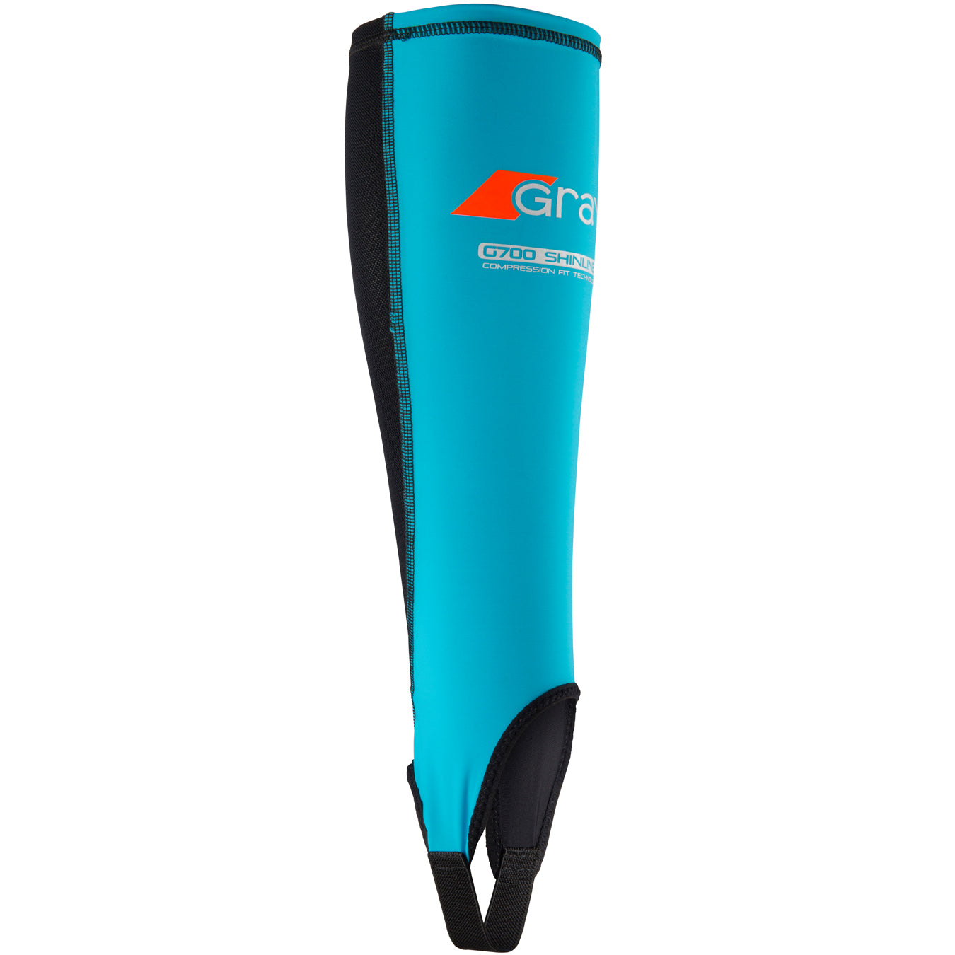 A blue and black Grays G700 Shinliner shinguard with an orange logo, white "Gray G700 SHIN" text, bottom strap, and integrated ankle stirrup for a secure fit.