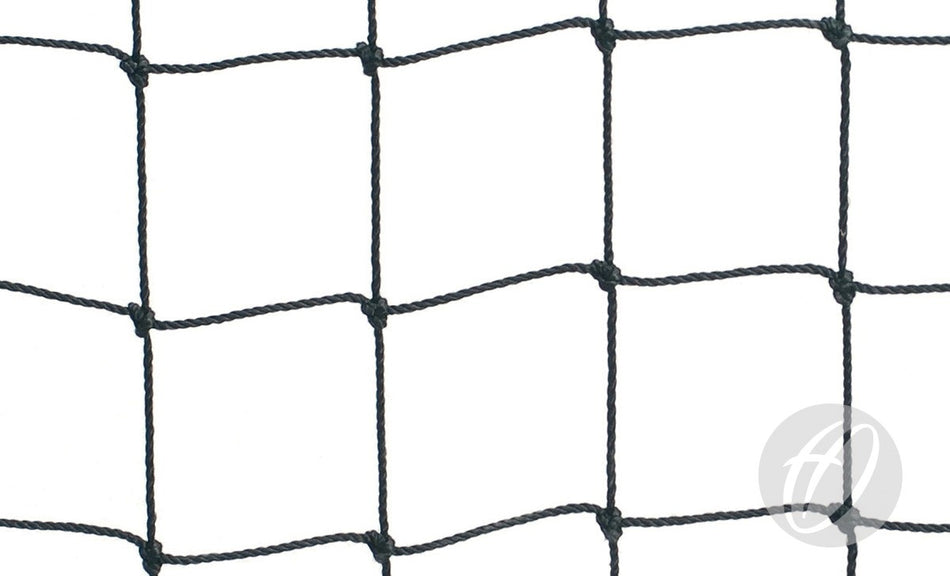 Close-up of a Harrod Sport HP1 2MM Black Net made from polypropylene with square-shaped openings against a white background. A grey circular watermark with a stylized A appears in the bottom right corner.