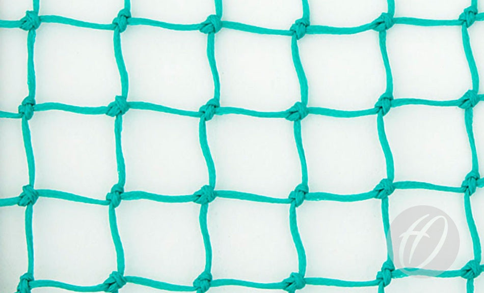A close-up of Harrod Sport Heavy Duty Indoor Hockey Nets made from green polypropylene with square-shaped holes and intersecting knots—perfect for use with 3MM nets in aluminium indoor goal frames.