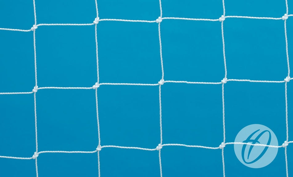 White polypropylene netting with evenly spaced square holes is set against a solid blue background. A circular Harrod Sport logo appears in the lower right, as commonly found on HP16 Indoor Hockey Nets.