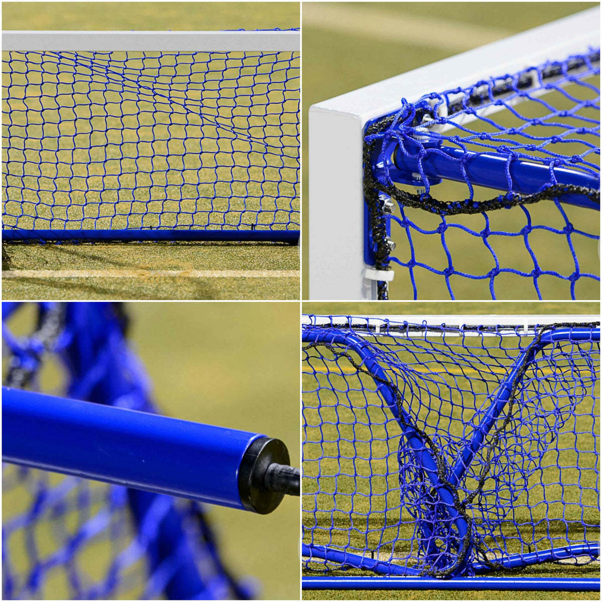 A collage of four close-ups showcases the Harrod UK Hockey Target Goal by Harrod Sport, featuring its netting, frame, corners, and connectors—ideal as a portable hockey goal—displayed on a grassy field.