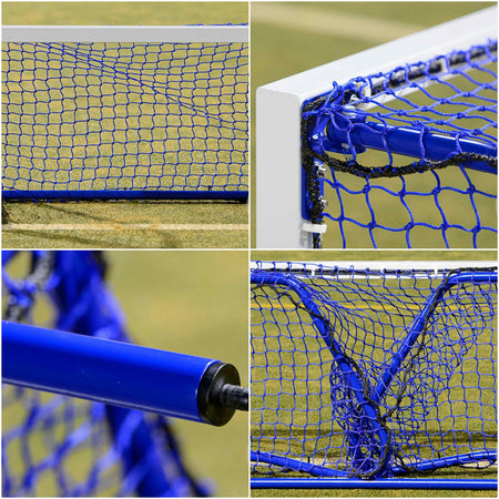 A collage of four close-ups showcases the Harrod UK Hockey Target Goal by Harrod Sport, featuring its netting, frame, corners, and connectors—ideal as a portable hockey goal—displayed on a grassy field.