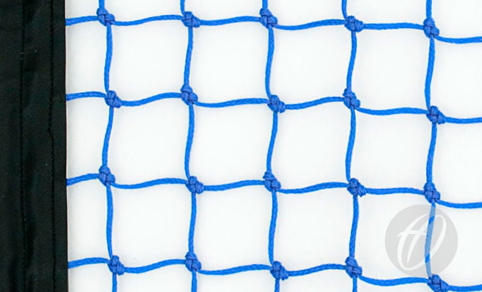 Close-up of the Harrod Sport London 2012 Hockey Net - Blue, showing its braided polyethylene construction with square holes and knotted intersections, attached to a black vertical band on the left, set against a plain white background.