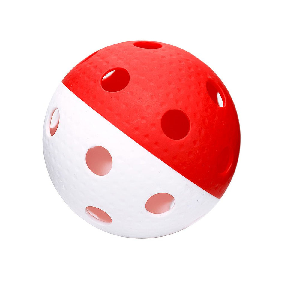 The Eurohoc Floorball Precision Ball by Eurohoc is a perforated ball split into red and white halves, featuring a distinctive dimple pattern and multiple circular holes, displayed on a plain white background.