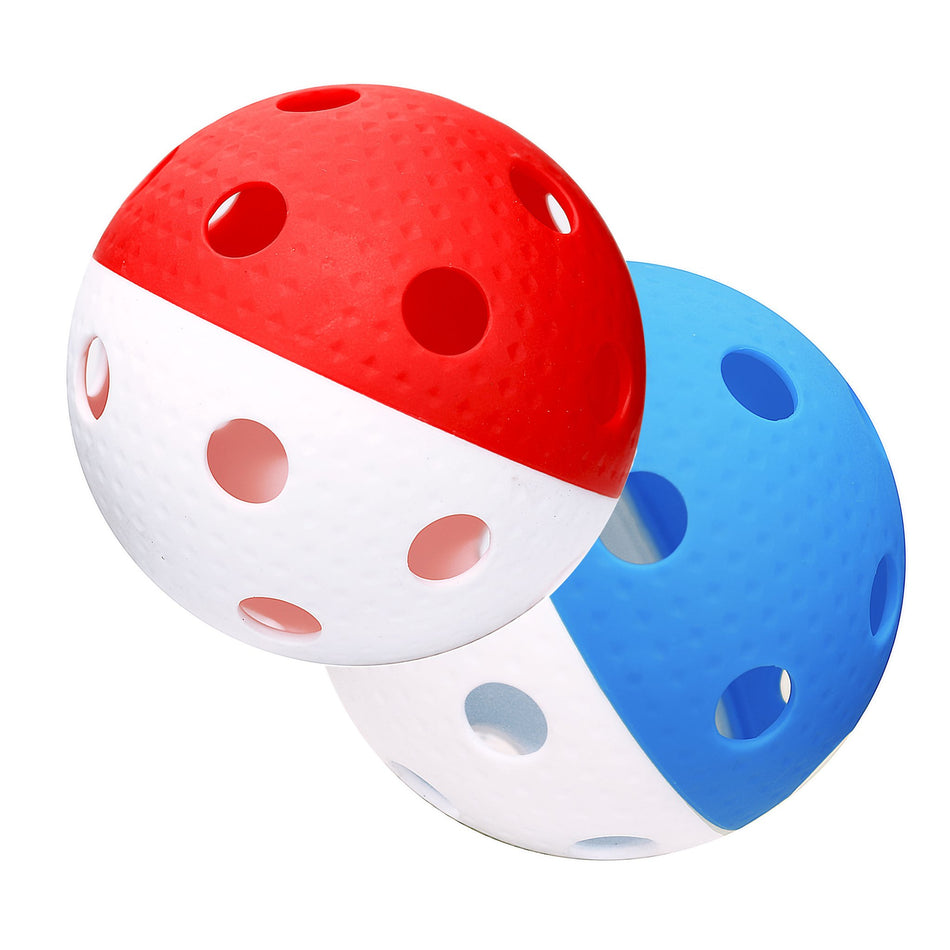 The Eurohoc Floorball Precision Ball by Eurohoc features a dimpled pattern and evenly spaced holes, with one ball in red/white and the other in blue/white. Both are designed for use with floorball sticks and intersect each other.