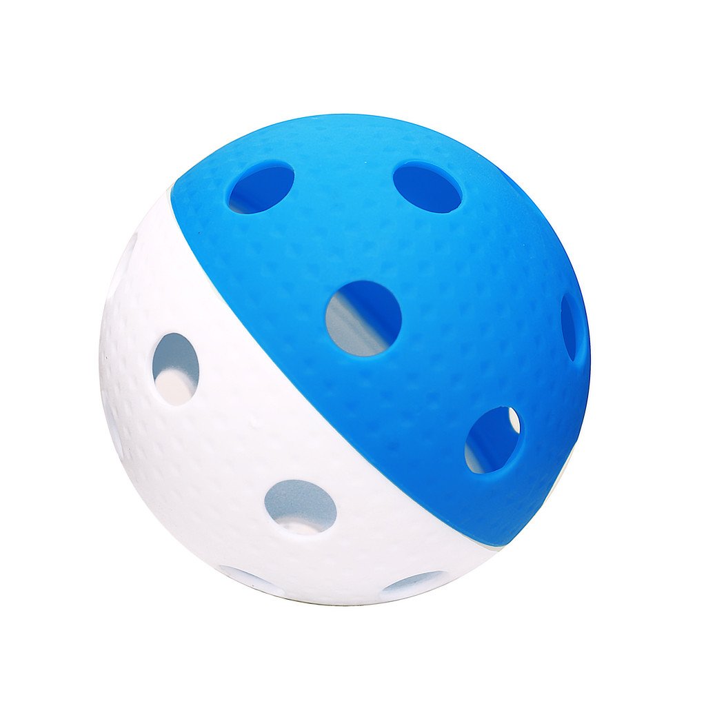 The Eurohoc Floorball Precision Ball by Eurohoc features blue and white halves with evenly spaced dimples and perforations. Designed for use with floorball sticks, the ball is shown against a white background.
