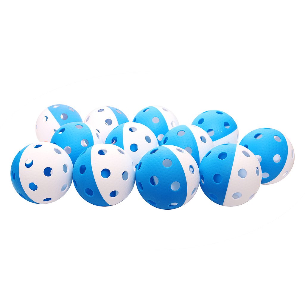 A cluster of Eurohoc Floorball Precision Balls by Eurohoc, each half blue and half white with evenly spaced perforations, is closely arranged on a white background. Ideal for use with floorball sticks.