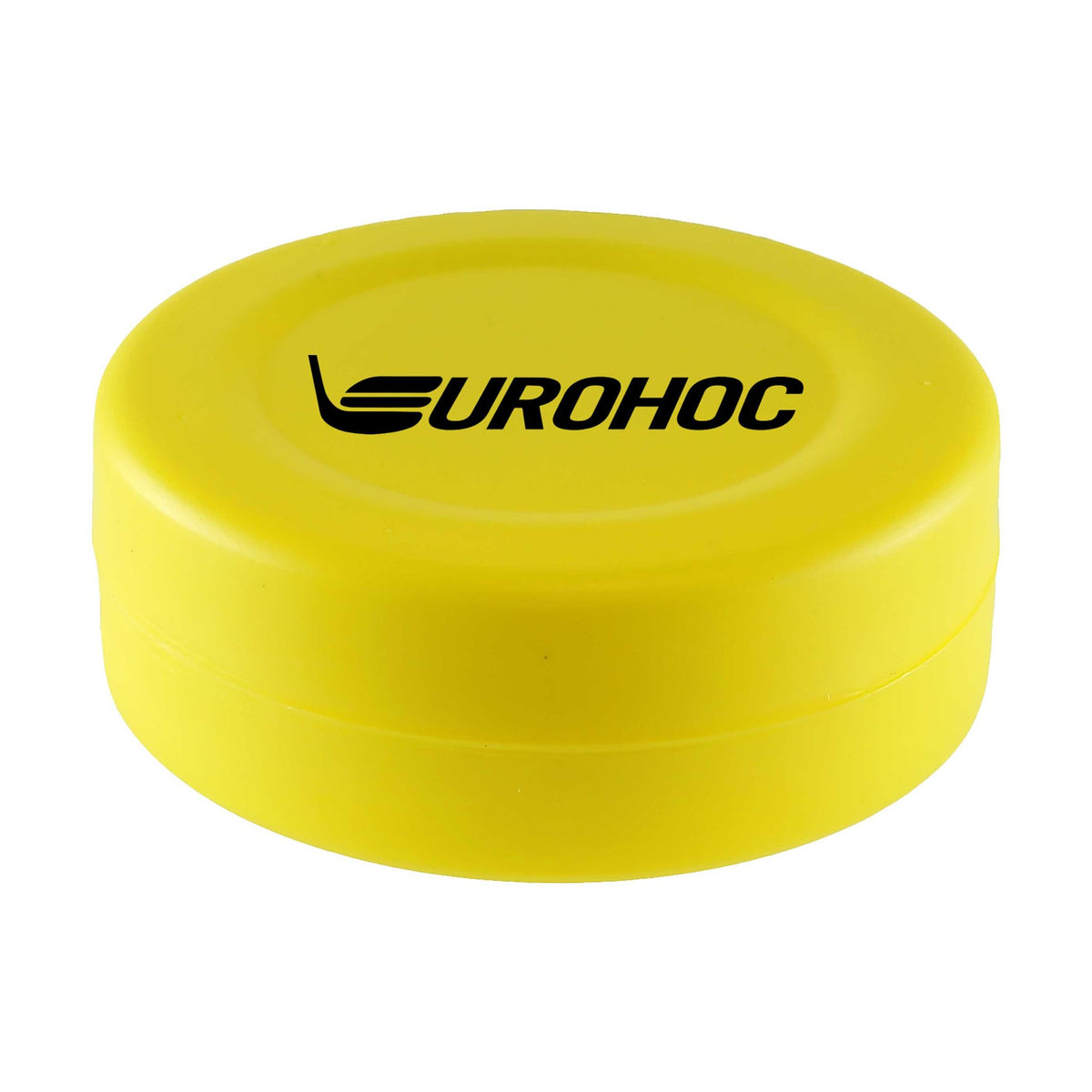 The Eurohoc Floorball Puck is a bright yellow, high-visibility plastic puck from Eurohoc, featuring the word "EUROHOC" and a black stick logo printed on its top surface.