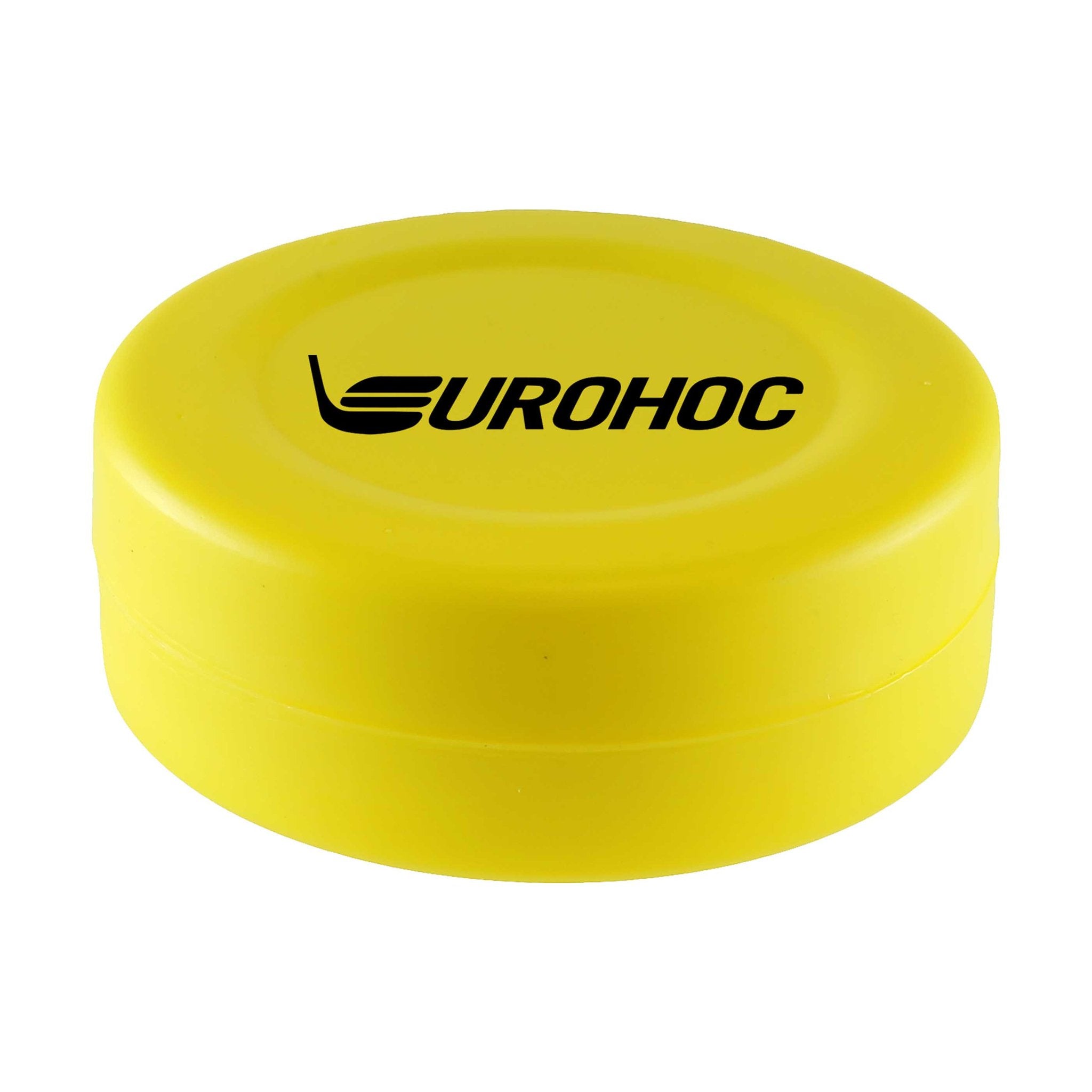 The Eurohoc Floorball Puck is a bright yellow, high-visibility plastic puck from Eurohoc, featuring the word "EUROHOC" and a black stick logo printed on its top surface.