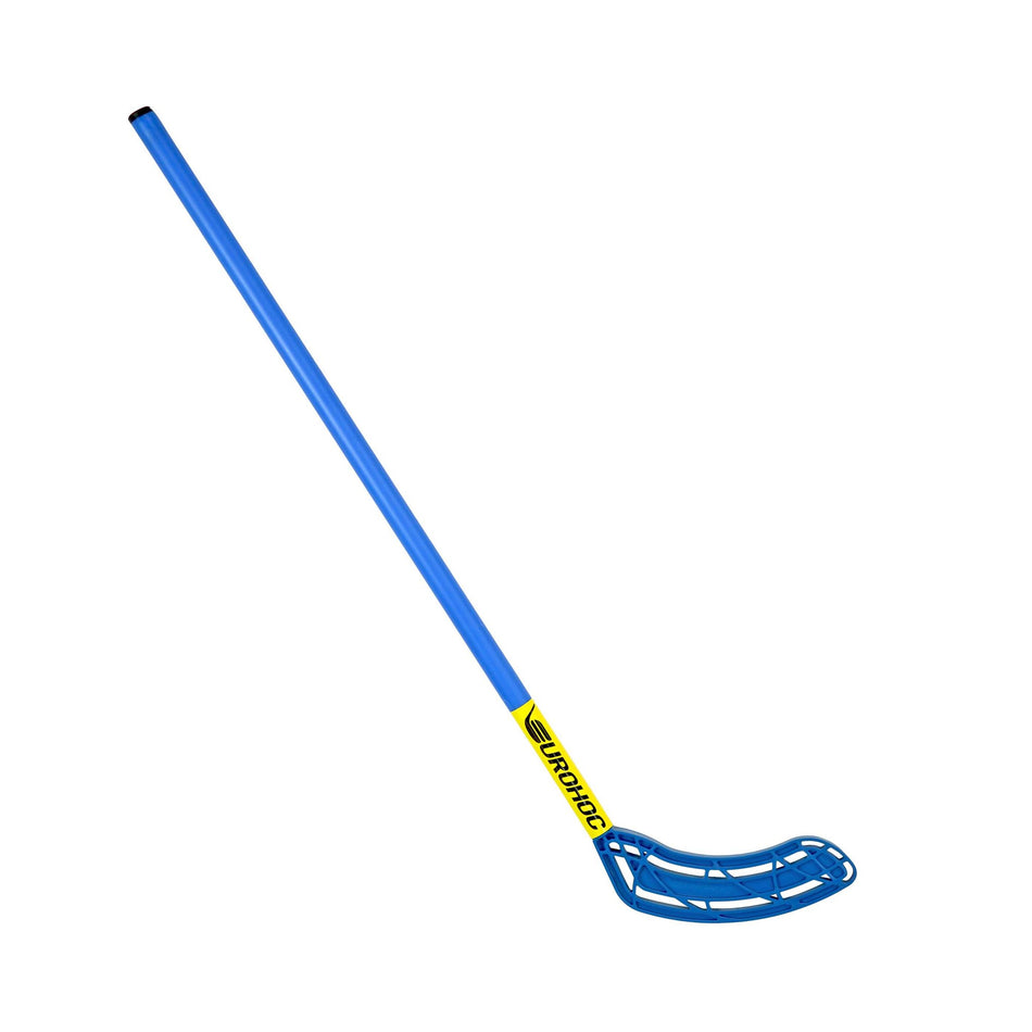 The Eurohoc Floorball Club Set by Eurohoc features a blue stick with a yellow label and blue perforated blade, photographed on white—ideal for team games that develop hand-eye coordination.