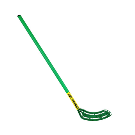 The Eurohoc Floorball Club Hockey Stick features a green shaft with a yellow label and a slotted blade, ideal for active team play, shown on a white background.
