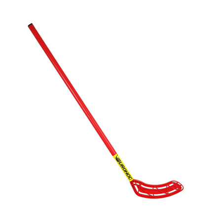 Eurohoc Floorball Club Hockey Stick—a red stick with a curved, slotted blade and yellow Unihoc logo—ideal for team games to enhance hand-eye coordination, shown against a white background. Brand: Eurohoc.