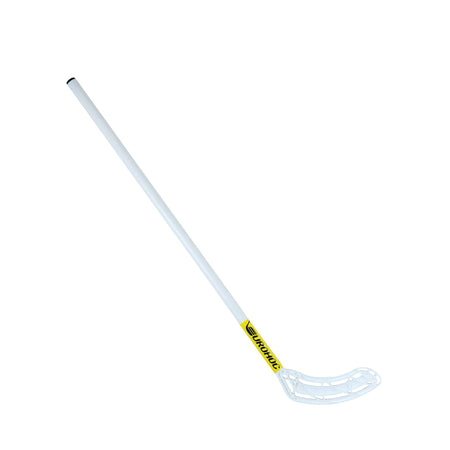 The Eurohoc Floorball Pro Set features a white Eurohoc floorball stick with a white blade and a yellow logo near the shaft, perfect for encouraging active team play and improving hand-eye coordination, shown on a plain white background.