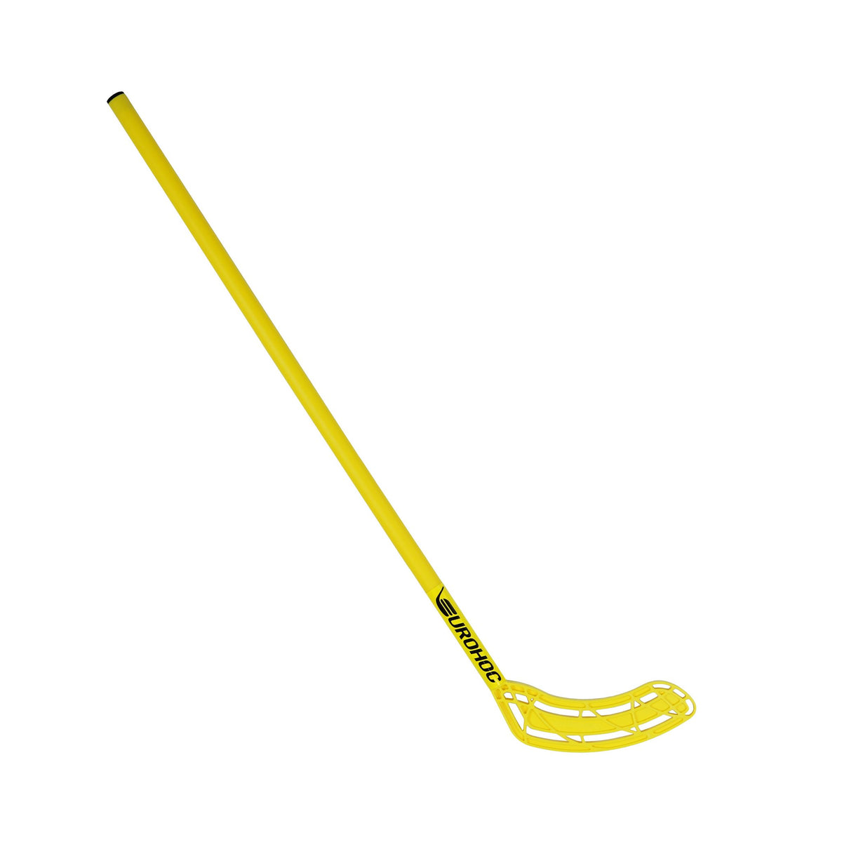 The Eurohoc Floorball Club Hockey Stick by Eurohoc is yellow, features a perforated plastic blade for hand-eye coordination, and has "Eurohoc" printed on the shaft. The stick is displayed against a white background.