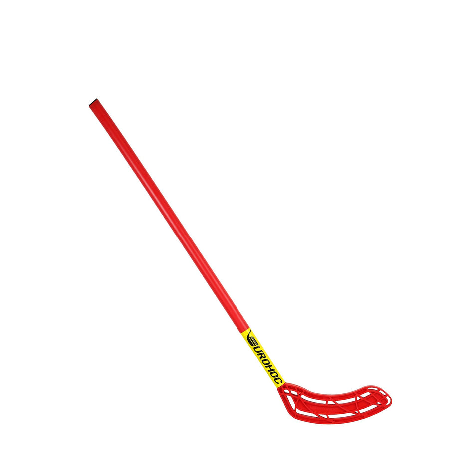 The Eurohoc Floorball Junior Set features a red stick with a curved, slotted blade and a yellow Unihoc logo on the shaft, ideal for enhancing hand-eye coordination in any Eurohoc game; displayed on a white background.