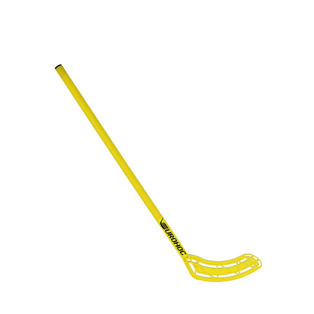 A yellow Eurohoc Floorball Junior Hockey Stick with a curved, slotted blade is shown against a white background. The black UNIHOC logo near the blade highlights its suitability for Eurohoc floorball games.