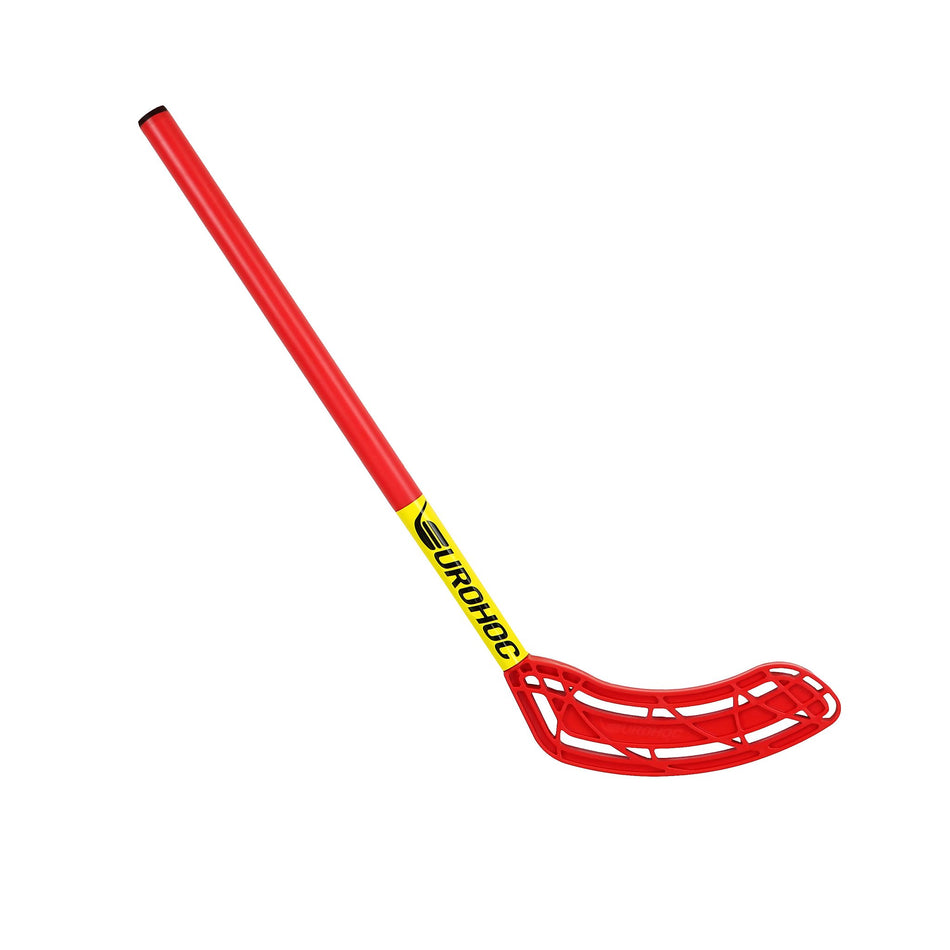 The Eurohoc Floorball Mini Set by Eurohoc features a red stick with a yellow label near the blade, ideal for active team play and enhancing hand-eye coordination. Shown against a white background.