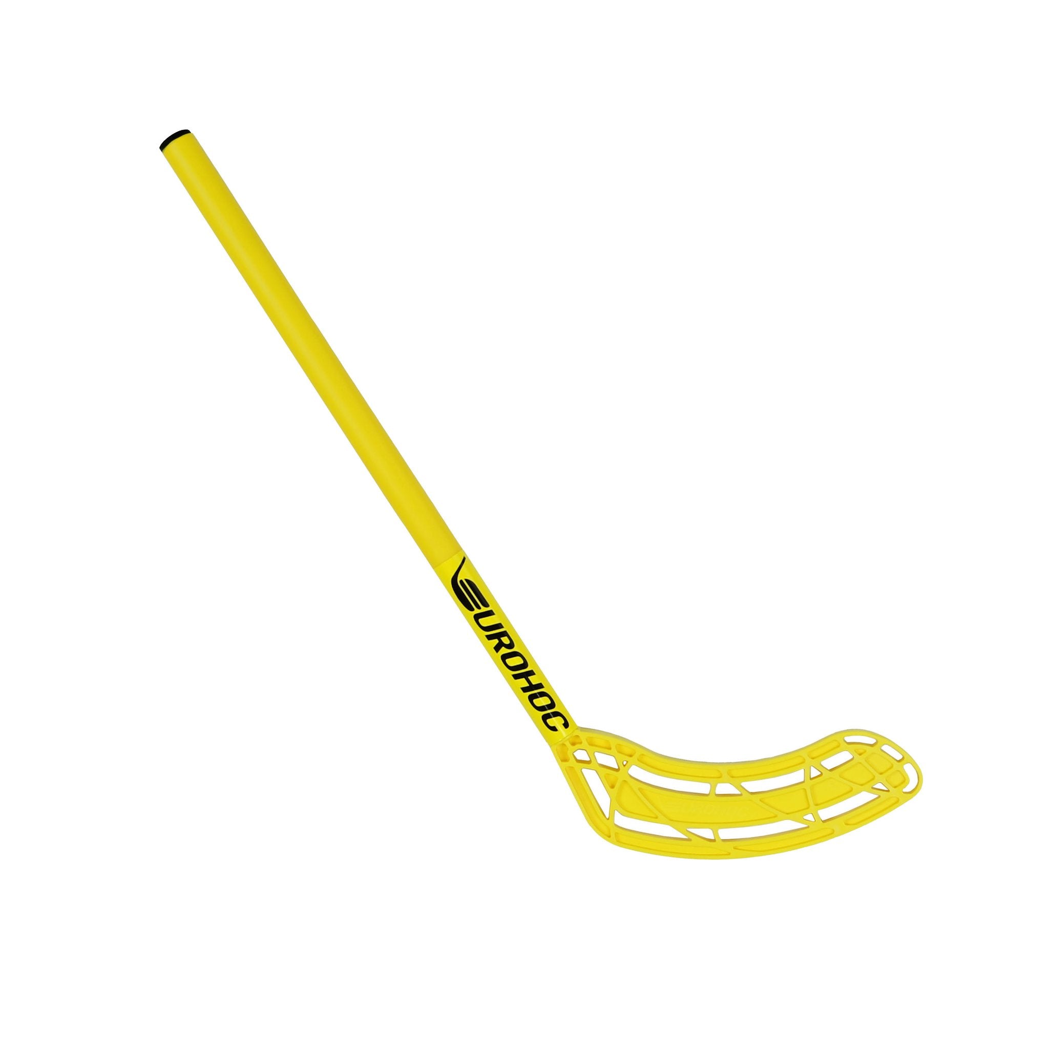 The Eurohoc Floorball Mini Set features a yellow stick with a grid-patterned plastic blade and EUROHOC branding, perfect for building hand-eye coordination during play or an exciting Eurohoc game, shown on a white background.