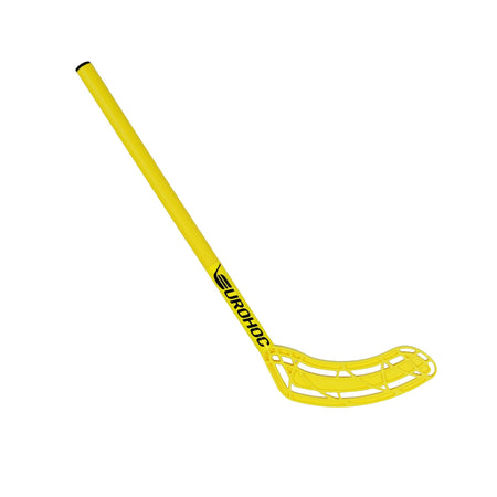 The Eurohoc Floorball Mini Set features a yellow stick with a grid-patterned plastic blade and EUROHOC branding, perfect for building hand-eye coordination during play or an exciting Eurohoc game, shown on a white background.