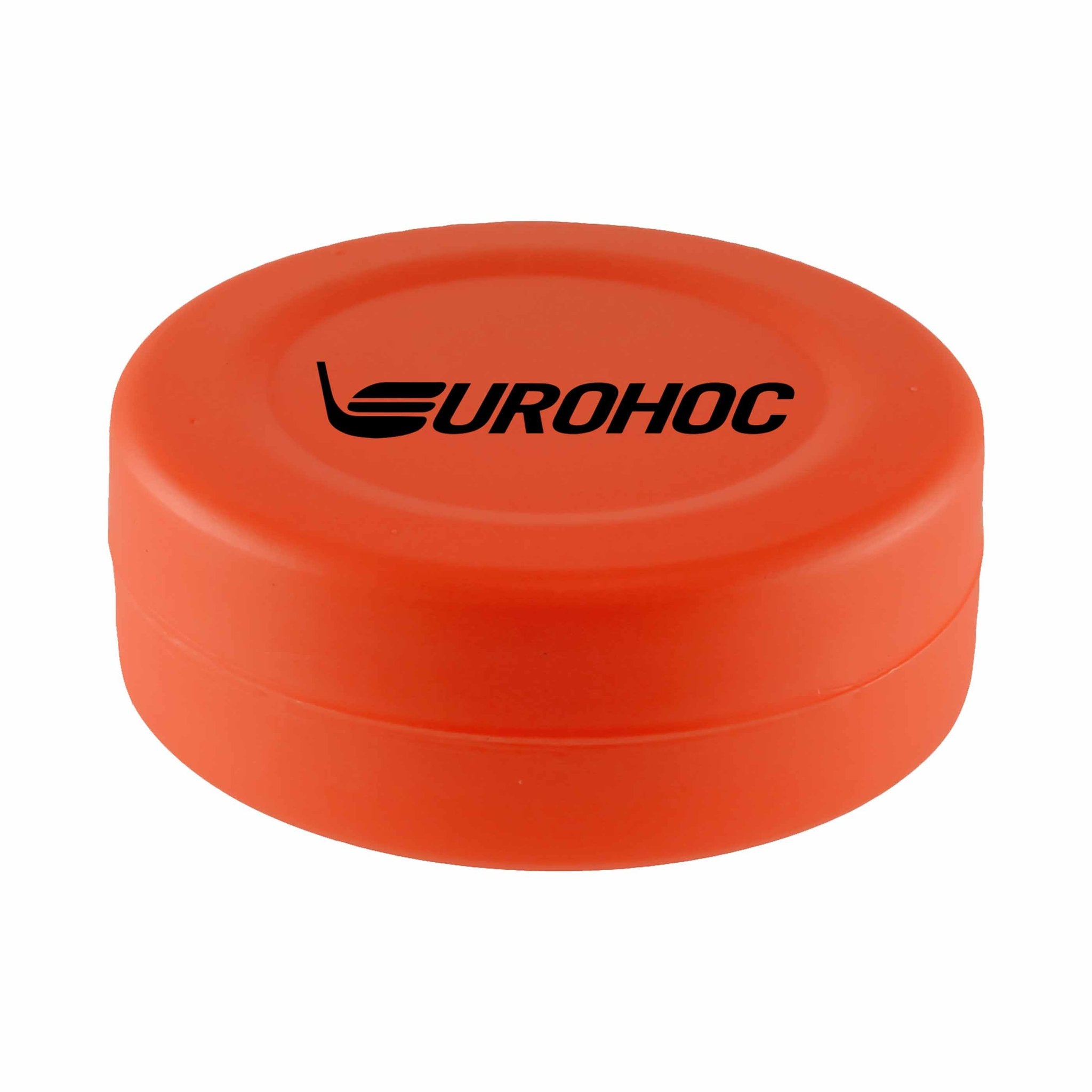 The Eurohoc Floorball Puck is a lightweight, high-visibility orange puck with "EUROHOC" and a black hockey stick logo on top—perfect for floorball games.