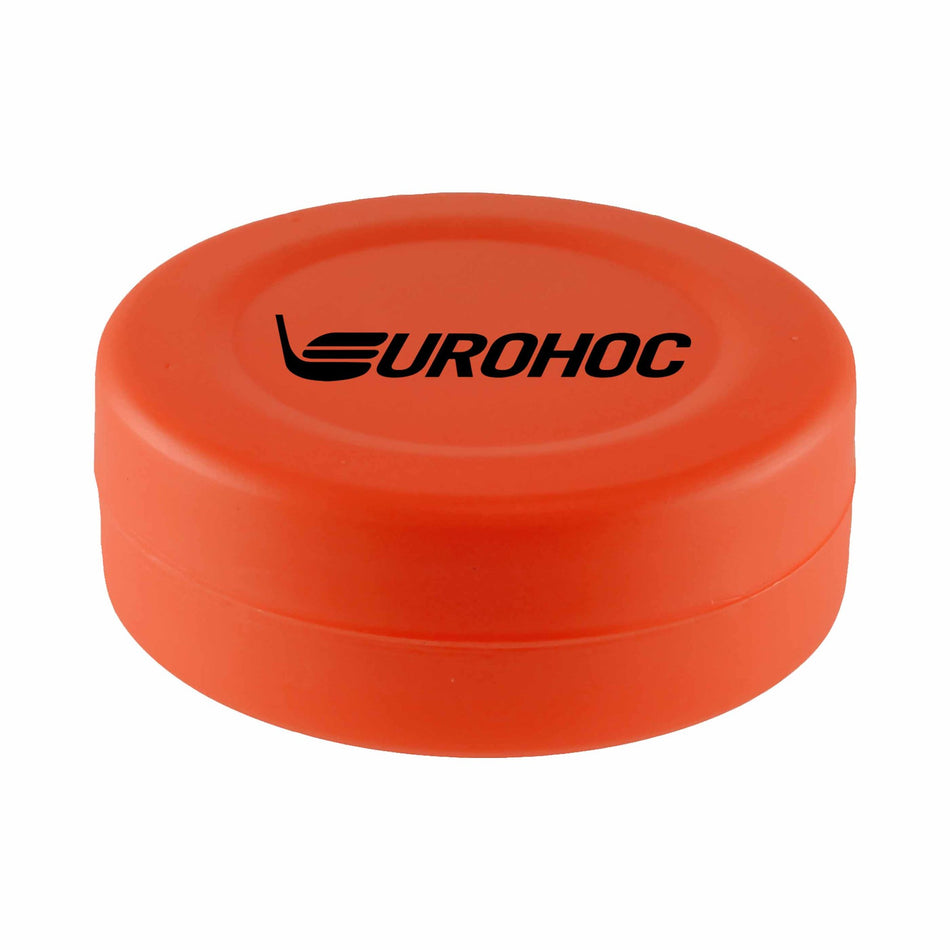 The Eurohoc Floorball Puck is a lightweight, high-visibility orange puck with "EUROHOC" and a black hockey stick logo on top—perfect for floorball games.