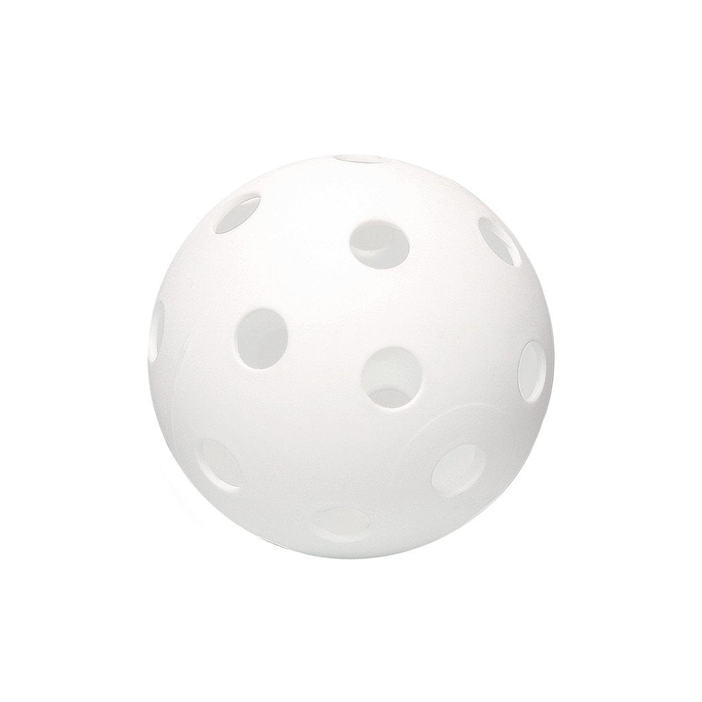A white plastic ball with evenly spaced circular holes from the Eurohoc Floorball Mini Set by Eurohoc, commonly used to enhance hand-eye coordination, pictured against a plain white background.